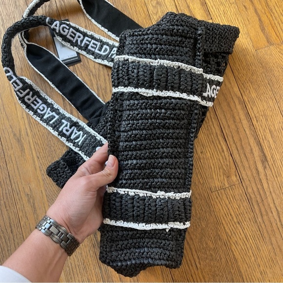 Karl Lagerfeld Antibes Straw Tote Beach Bag Logo Strap Black NWT - Picture 5 of 7